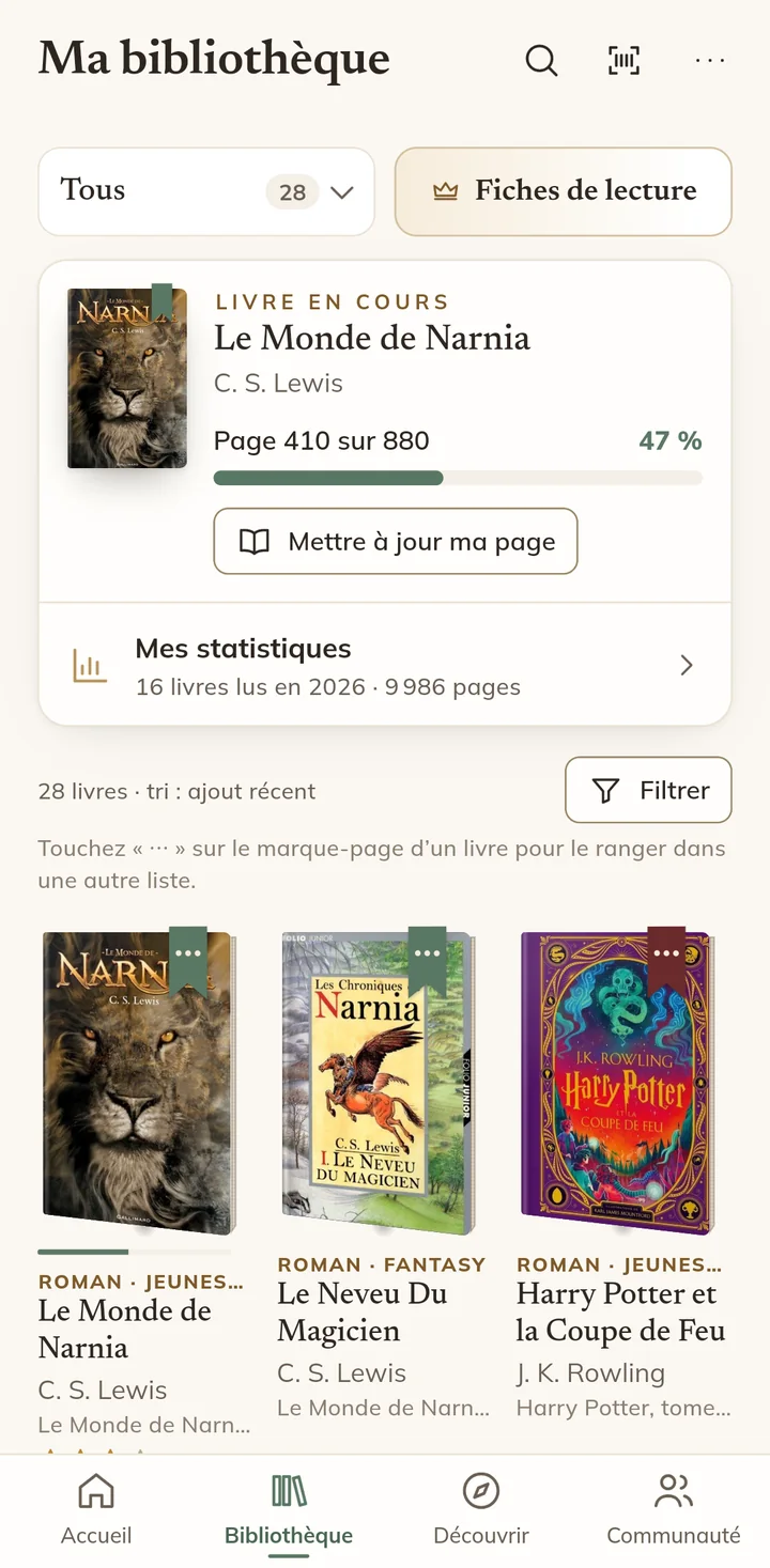 La bibliothèque : la liste « Tous », le livre en cours avec sa progression et les statistiques de lecture, puis la grille des livres.