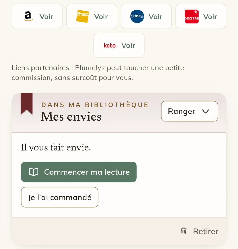 Sur la fiche de « Tentation » : un bouton « Voir » par marchand, la mention « Liens partenaires : Plumelys peut toucher une petite commission, sans surcoût pour vous », puis la carte « Dans ma bibliothèque » du lecteur (Mes envies).